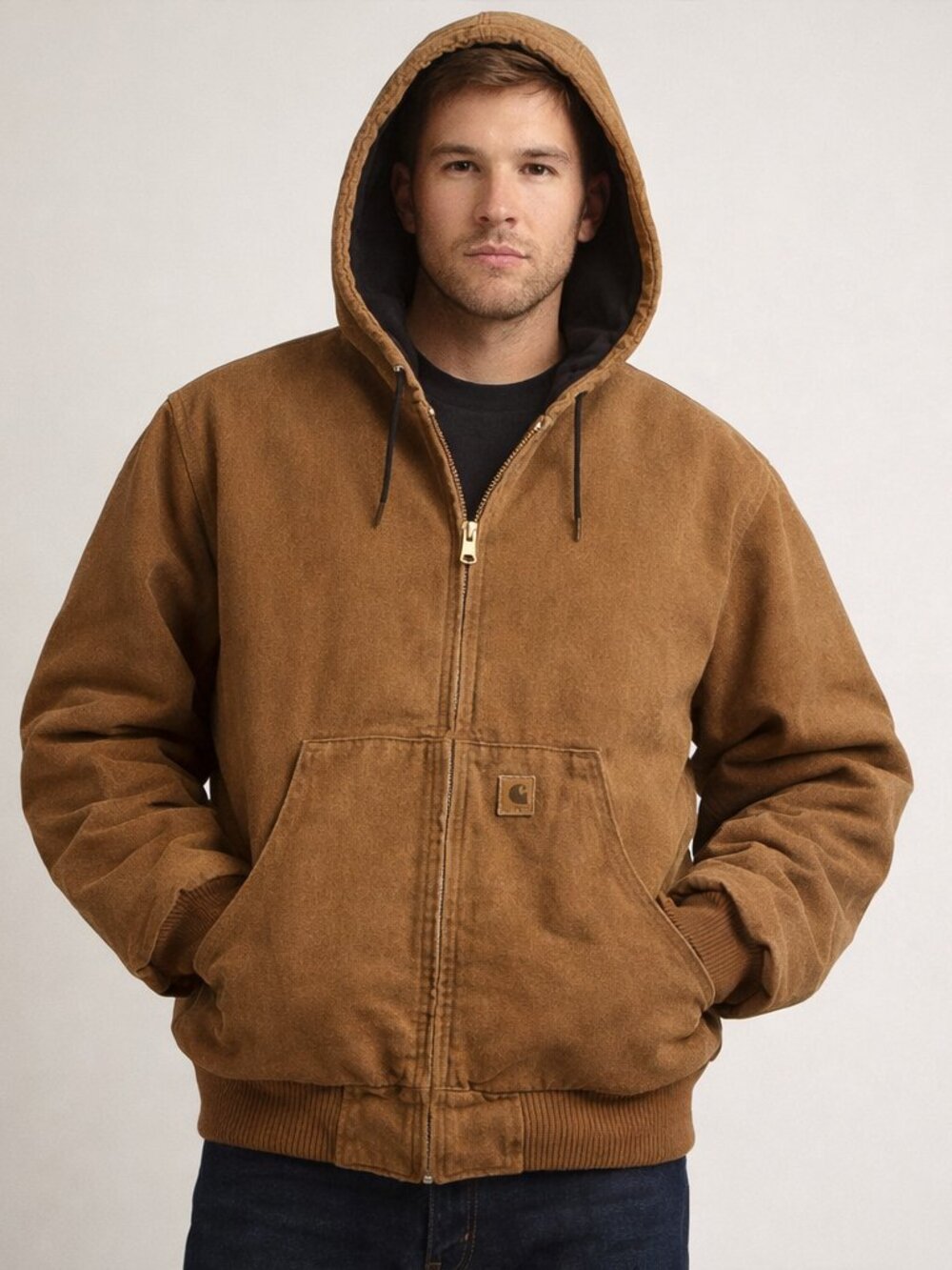 Carhartt Active Jac Vintage J130 BRN Hooded Brown Size Large Quilted